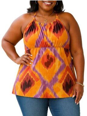 D.F.A. Plus Size 1X Top Halter Tank Orange Purple Boho Tie-Back Lightweight